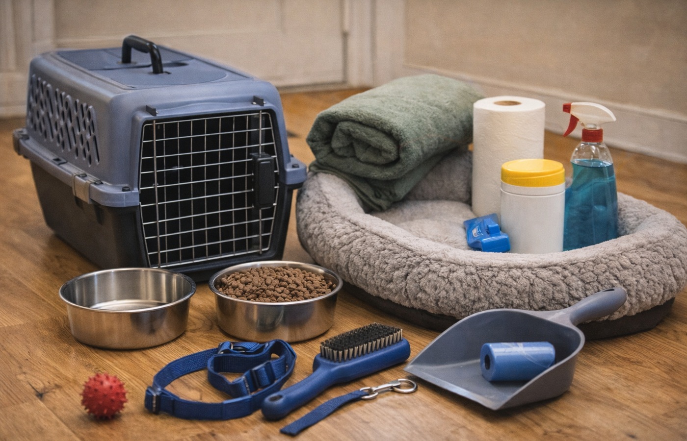 Essential pet adoption supplies prepared at home including bowls, leash, bedding, and cleaning items