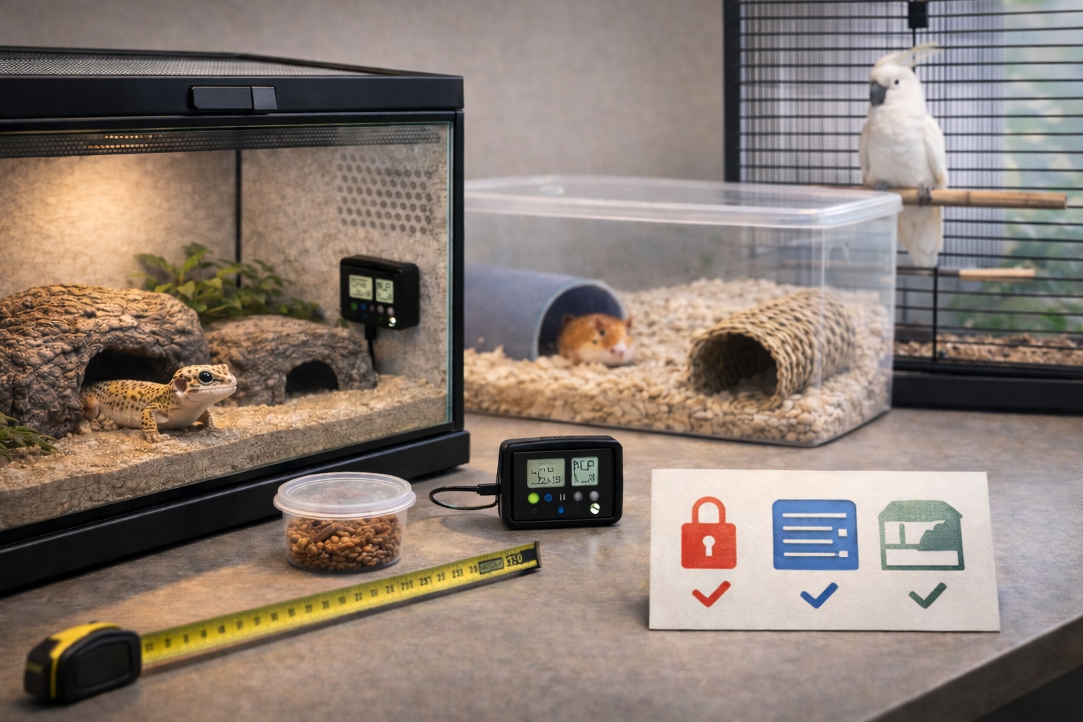 Secure exotic pet enclosures with ventilation, hides, and space planning.