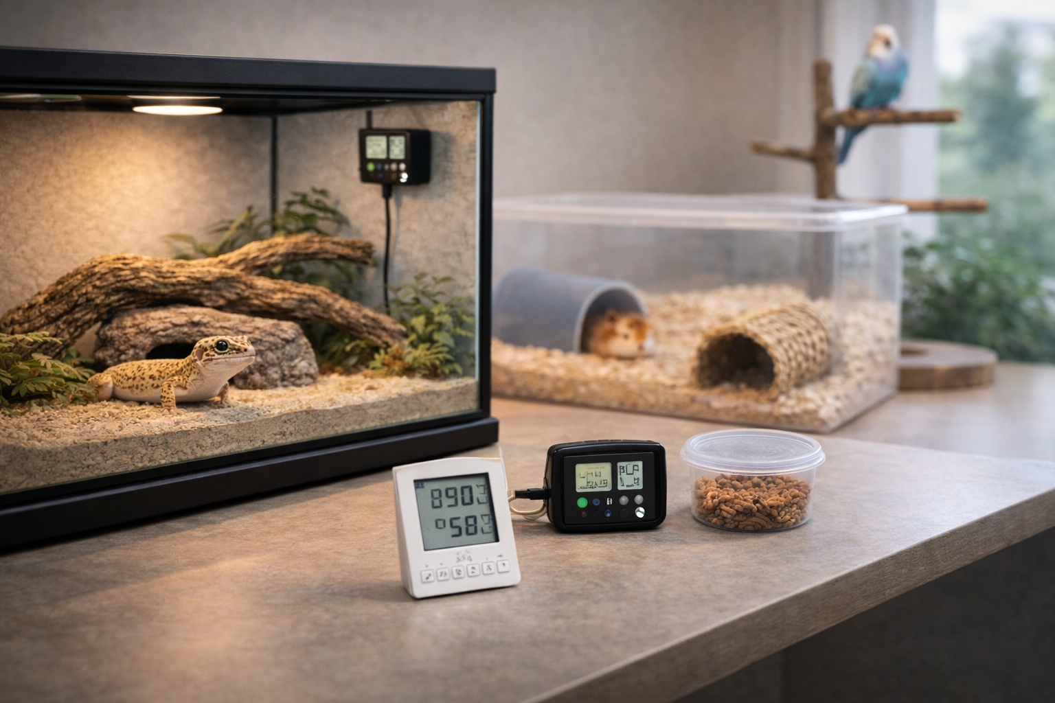 Starter exotic pet setup showing enclosure tools like thermometers, lighting timers, and safe habitat elements.