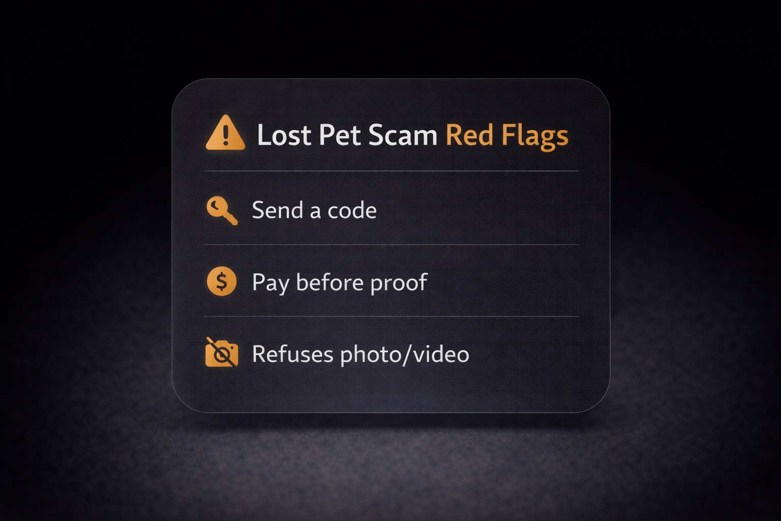 Lost pet scam red flags: code requests, money demands, and no proof.